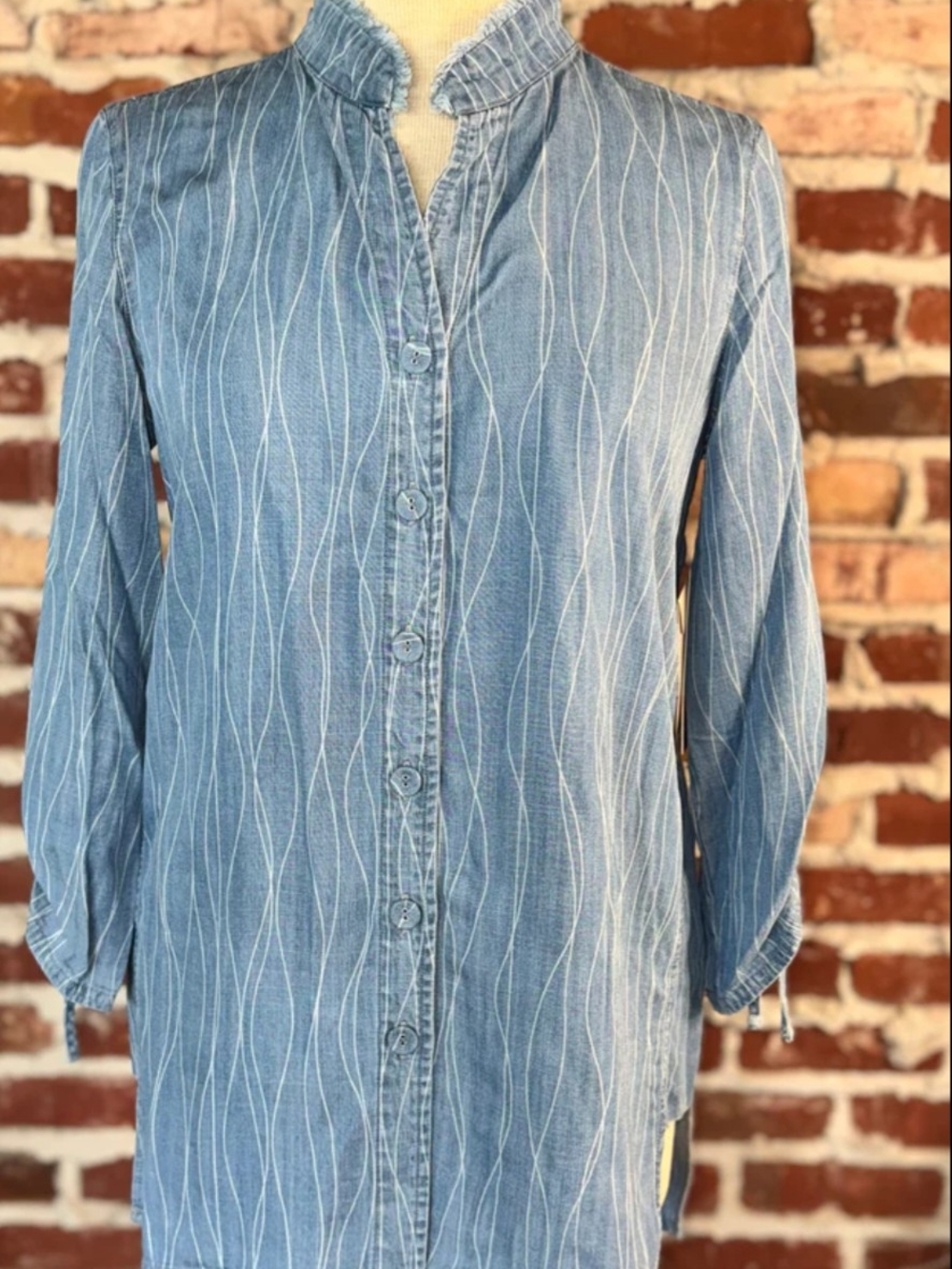 Multiples Denim Wavy Line Button-Front Tunic with Ruched Sleeves Tie Cuffs
